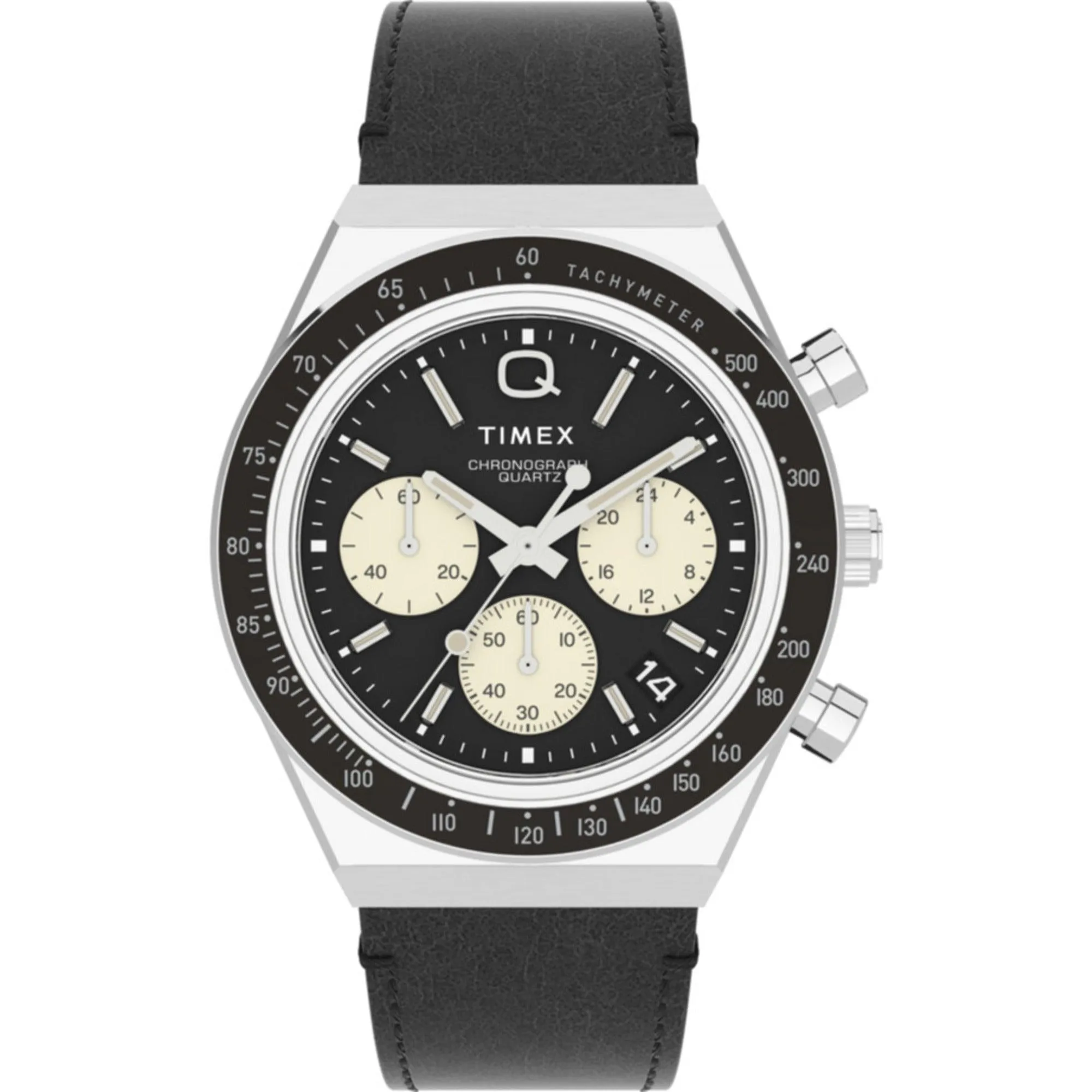 Timex Men's Watch - Q Chronograph Rotating Bezel Black Leather Strap | TW2V42700 Timex Watches