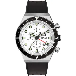 Timex Men's Watch - Q Chronograph Rotating Bezel White Dial Rubber Strap | TW2V70100 Timex Watches