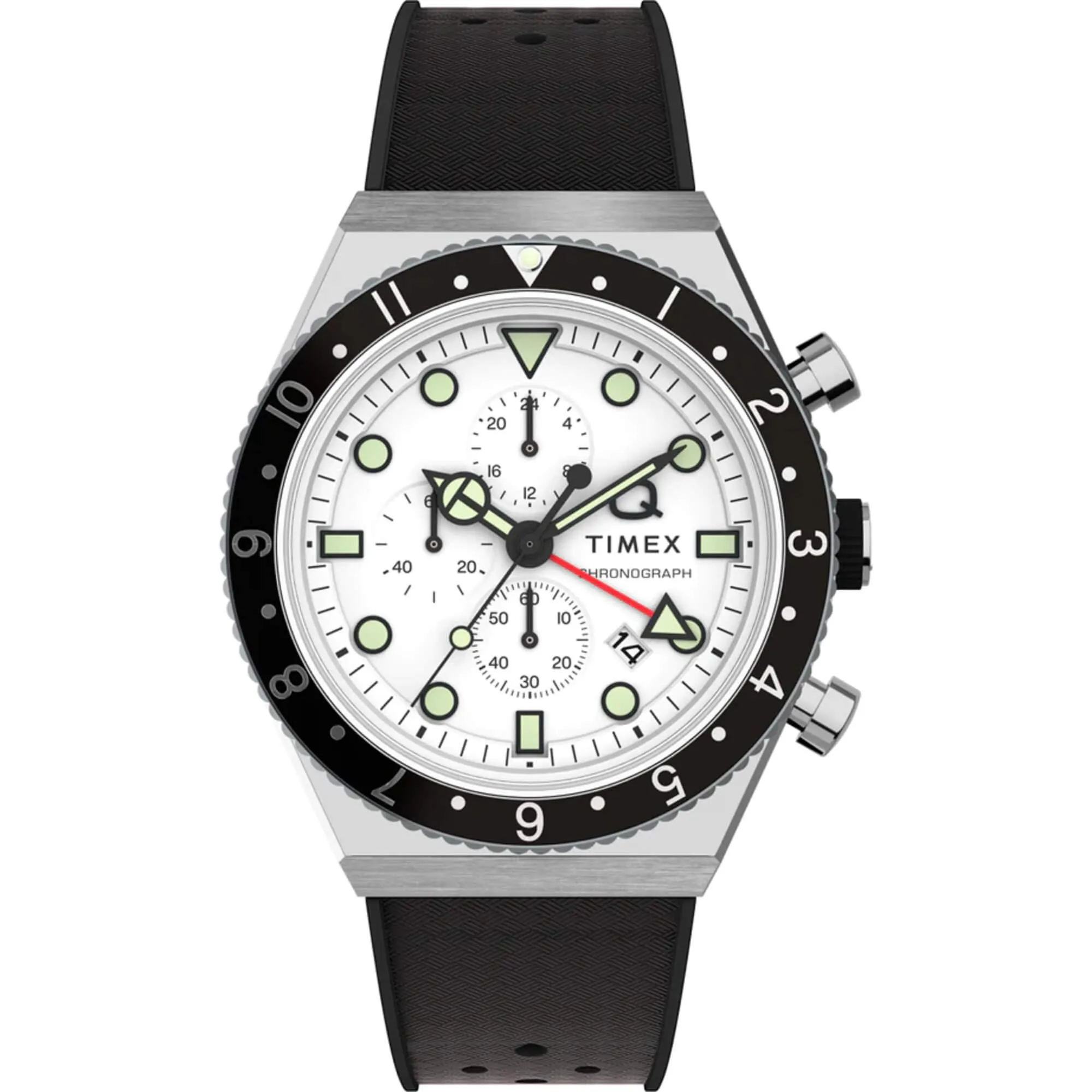 Timex Men's Watch - Q Chronograph Rotating Bezel White Dial Rubber Strap | TW2V70100 Timex Watches