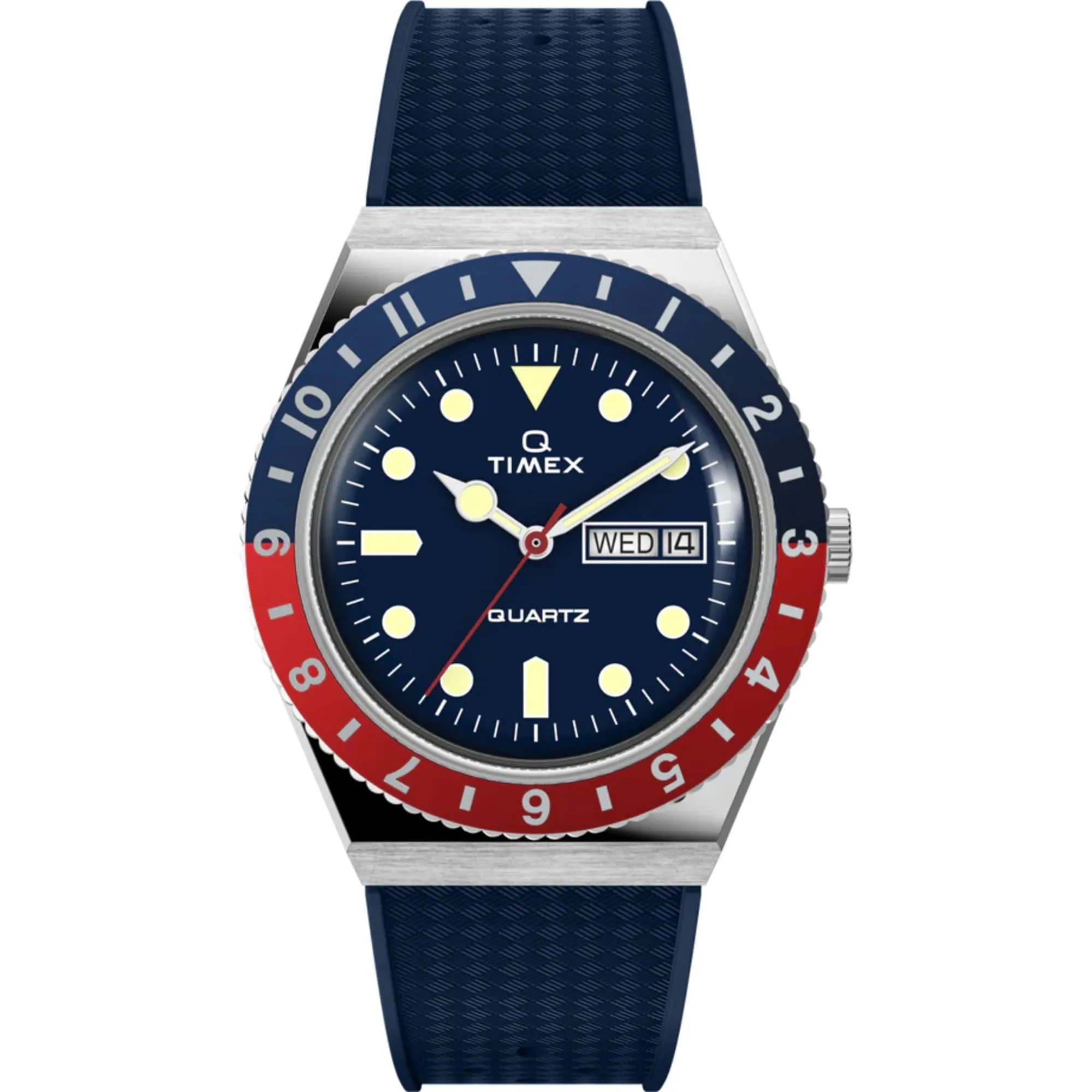 Timex Men's Watch - Q Quartz Rotating Bezel Blue Dial Strap Day-Date TW2V32100 Timex Watches