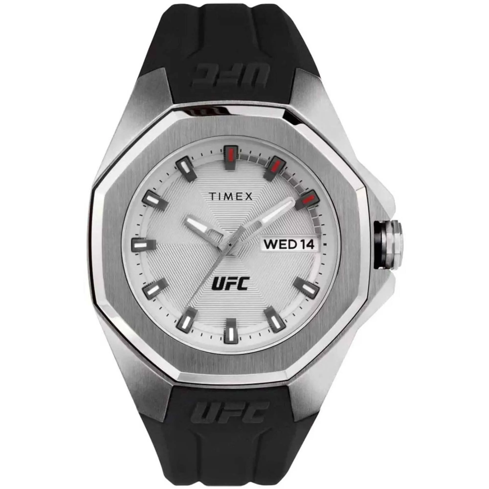 Timex Men's Watch - UFC Pro Silver Tone Dial Black Silicone Strap Day-Date | TW2V57200 Timex Watches