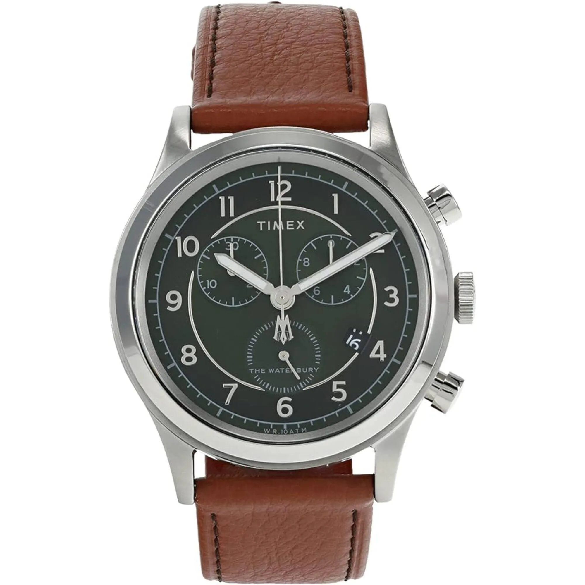 Timex Men's Watch - Waterbury Day-Date Dark Green Dial Brown Strap | TW2U90700VQ Timex Watches