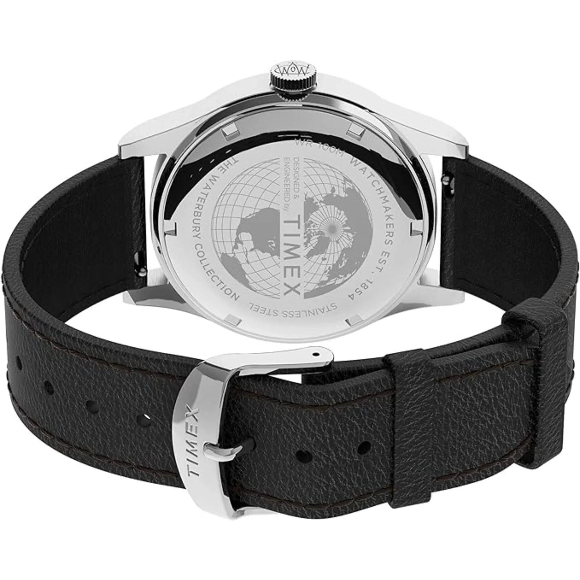 Timex Men's Watch - Waterbury Silver Dial Black Leather Strap Quartz | TW2U90200VQ Timex Watches