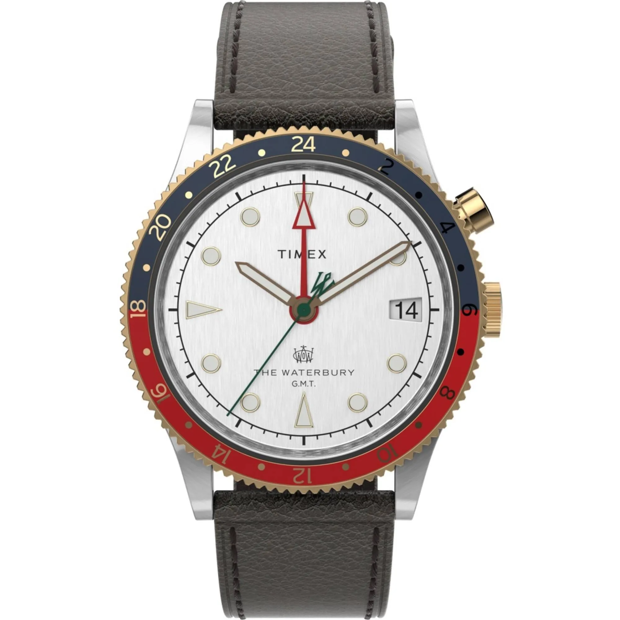 Timex Men's Watch - Waterbury Traditional GMT White Dial Leather Strap | TW2U99100 Timex Watches
