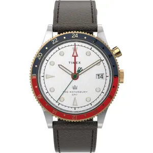 Timex Men's Watch - Waterbury Traditional GMT White Dial Leather Strap | TW2U99100 Timex Watches