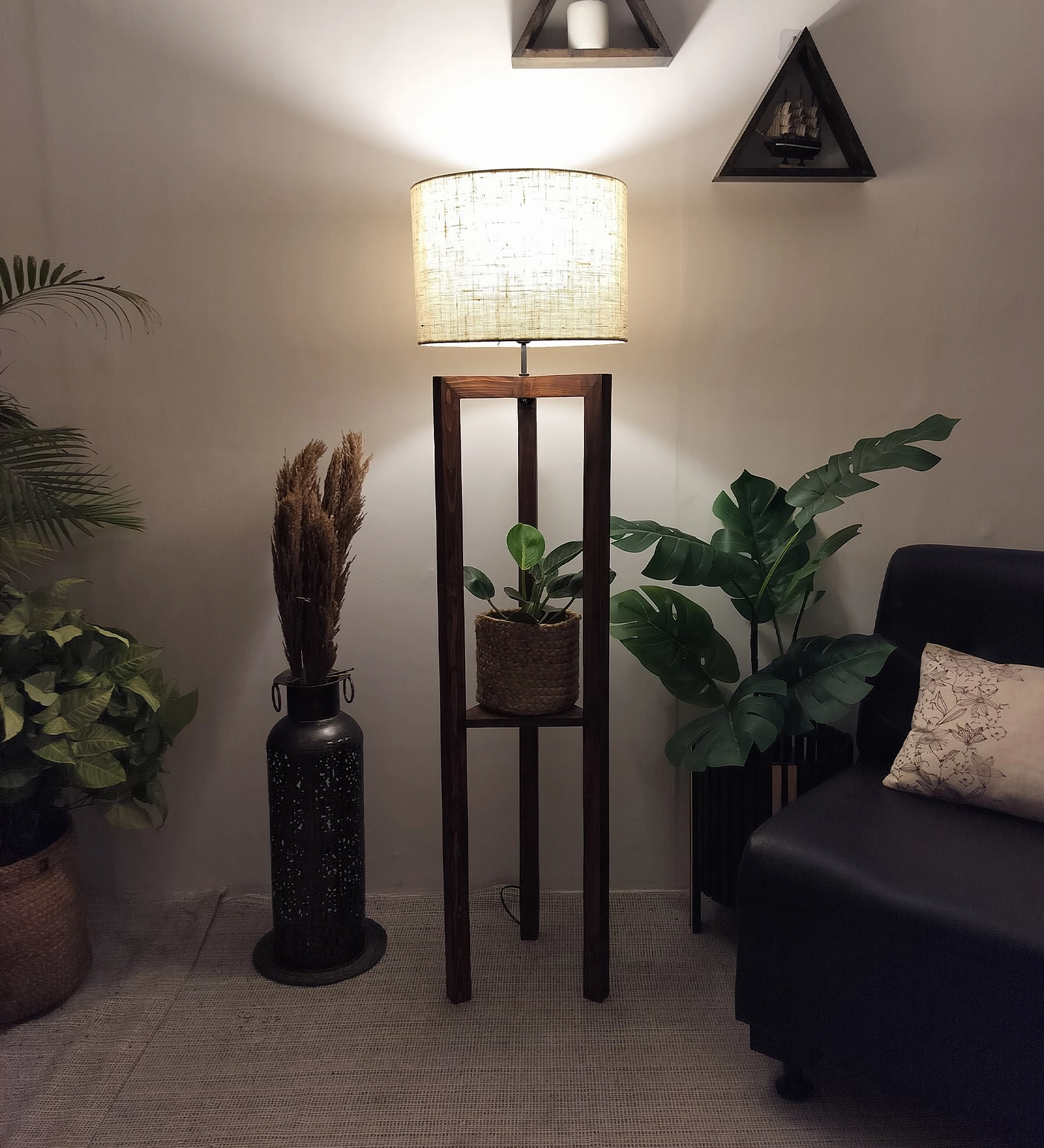Triad Wooden Floor Lamp with Brown Base and Beige Fabric Lampshade (BULB NOT INCLUDED)