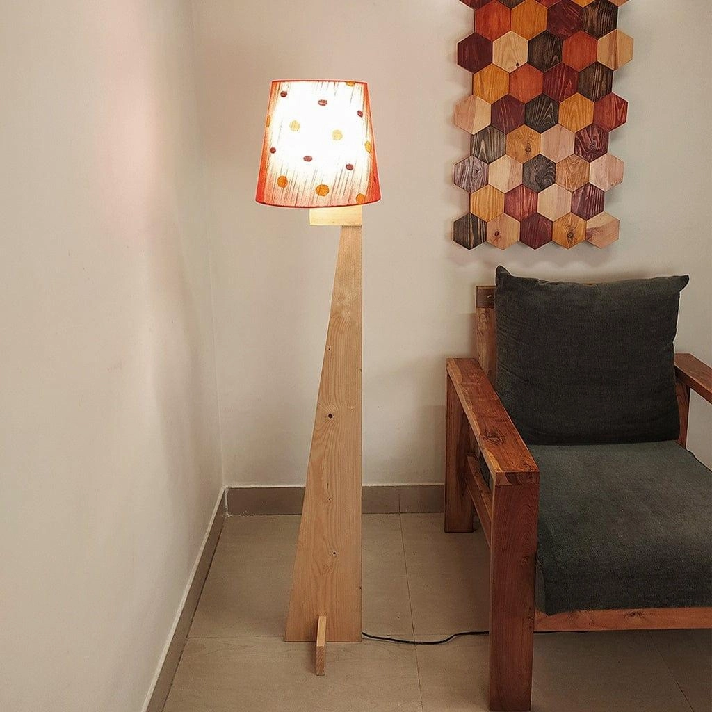 Trigo Wooden Floor Lamp with Beige Base and Red Printed Fabric Lampshade garden LED light