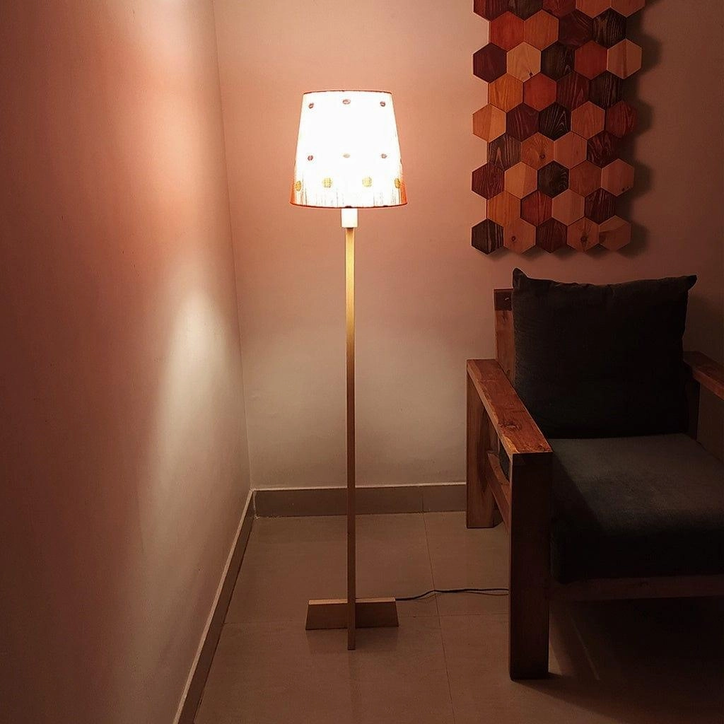Trigo Wooden Floor Lamp with Beige Base and Red Printed Fabric Lampshade