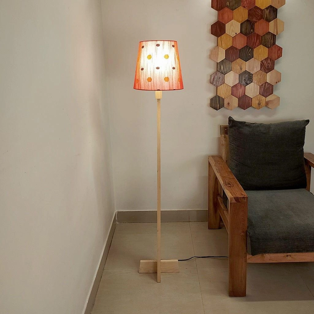 Trigo Wooden Floor Lamp with Beige Base and Red Printed Fabric Lampshade