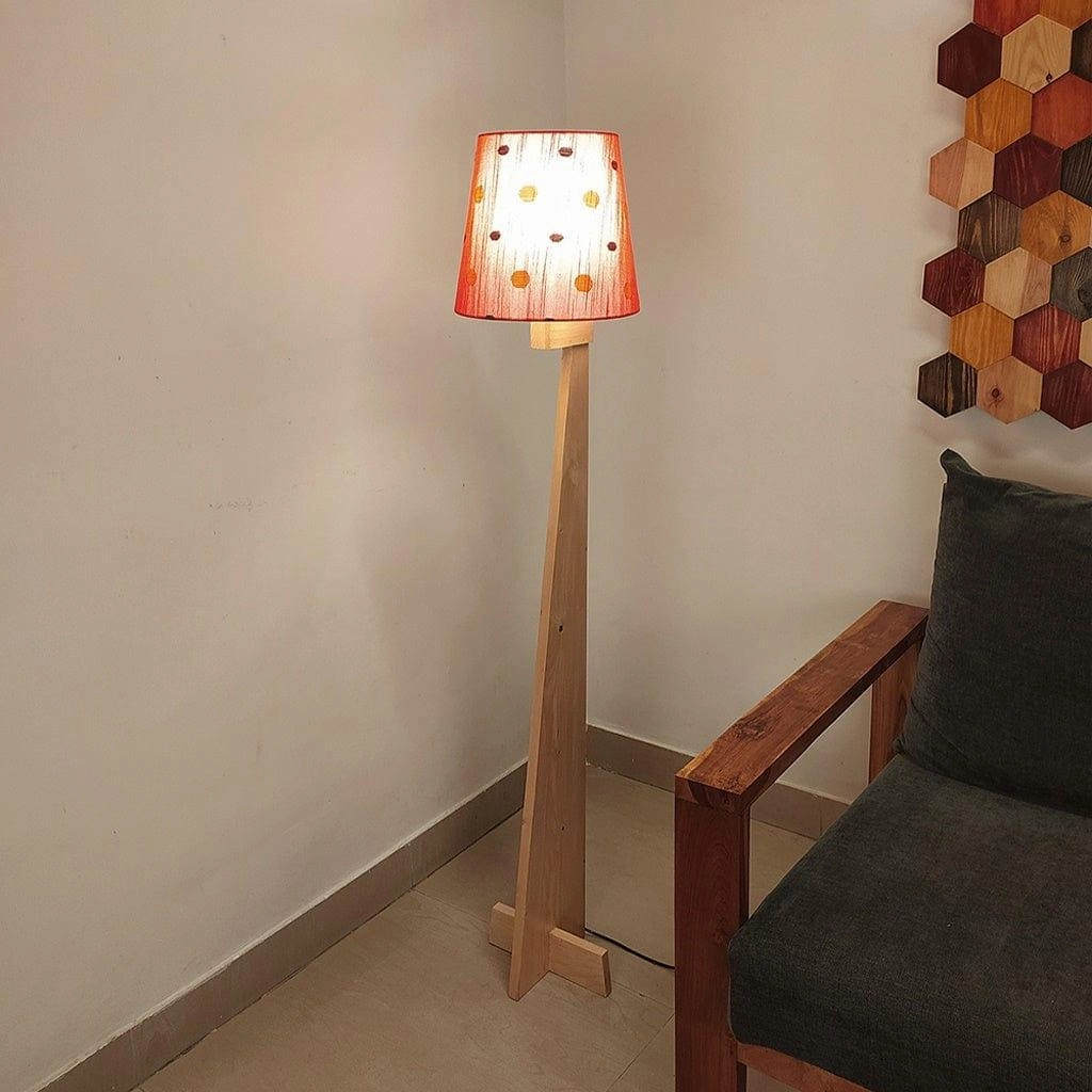 Trigo Wooden Floor Lamp with Beige Base and Red Printed Fabric Lampshade