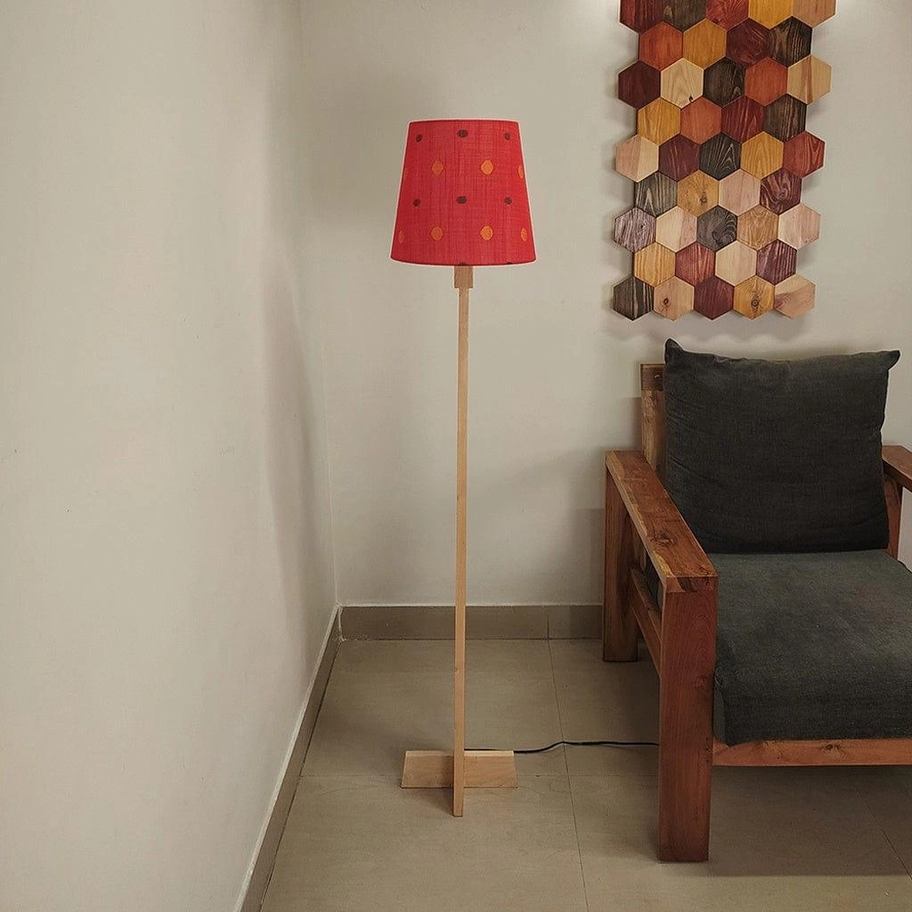 Trigo Wooden Floor Lamp with Beige Base and Red Printed Fabric Lampshade