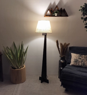 Trigo Wooden Floor Lamp with Brown Base and Yellow Printed Fabric Lampshade garden LED light