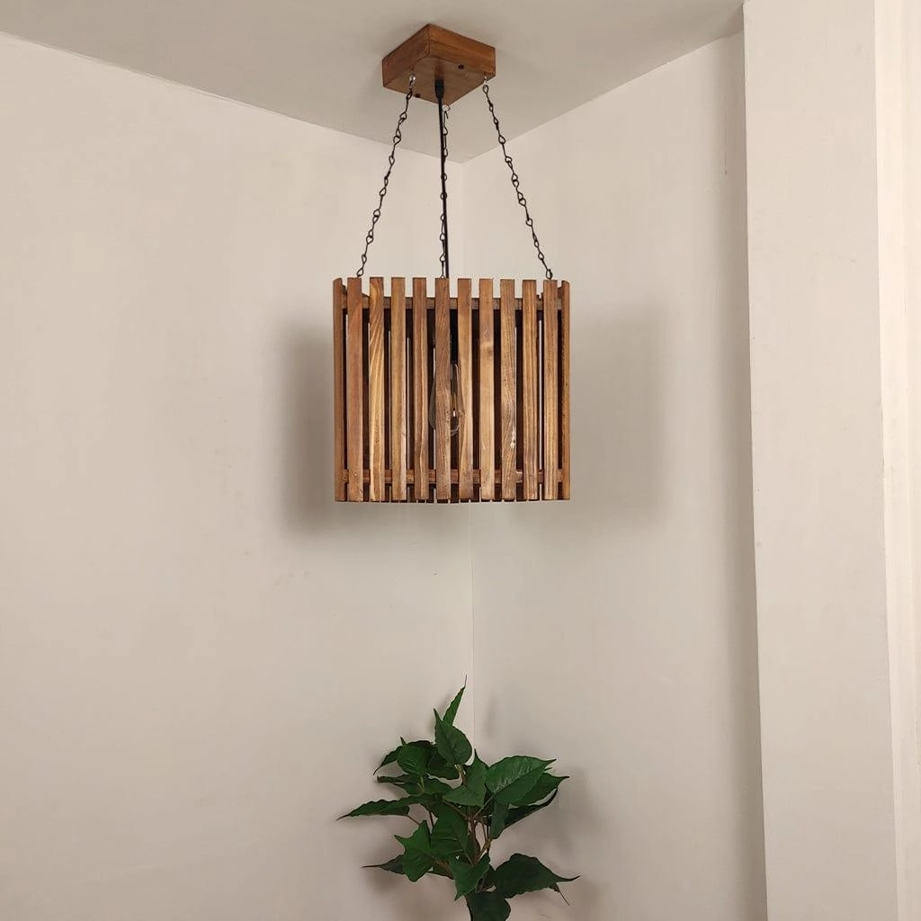 Trikona Brown Wooden Single Hanging Lamp