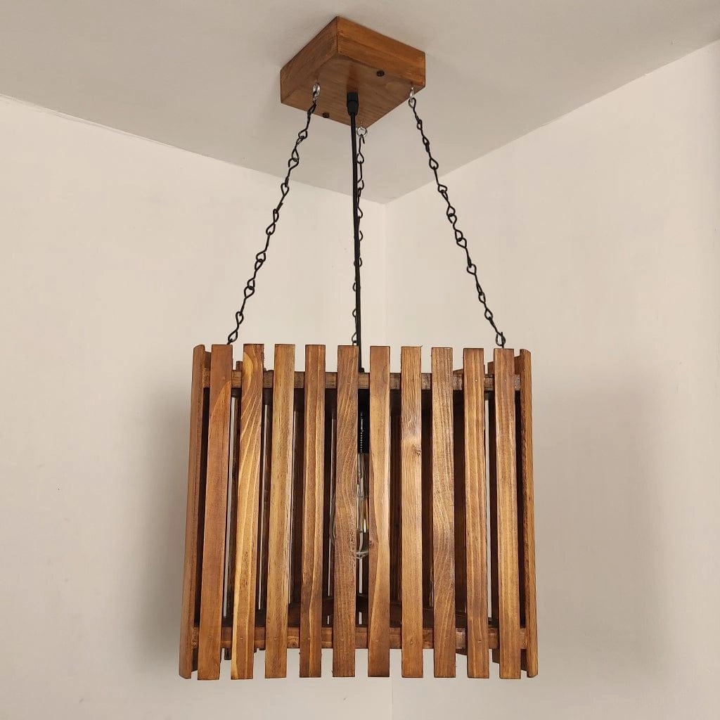 Trikona Brown Wooden Single Hanging Lamp
