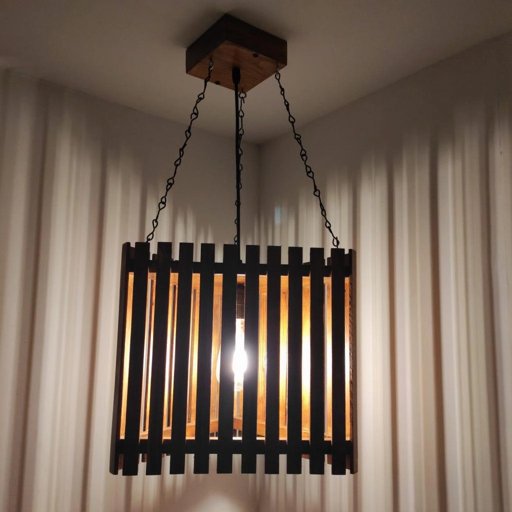Trikona Brown Wooden Single Hanging Lamp