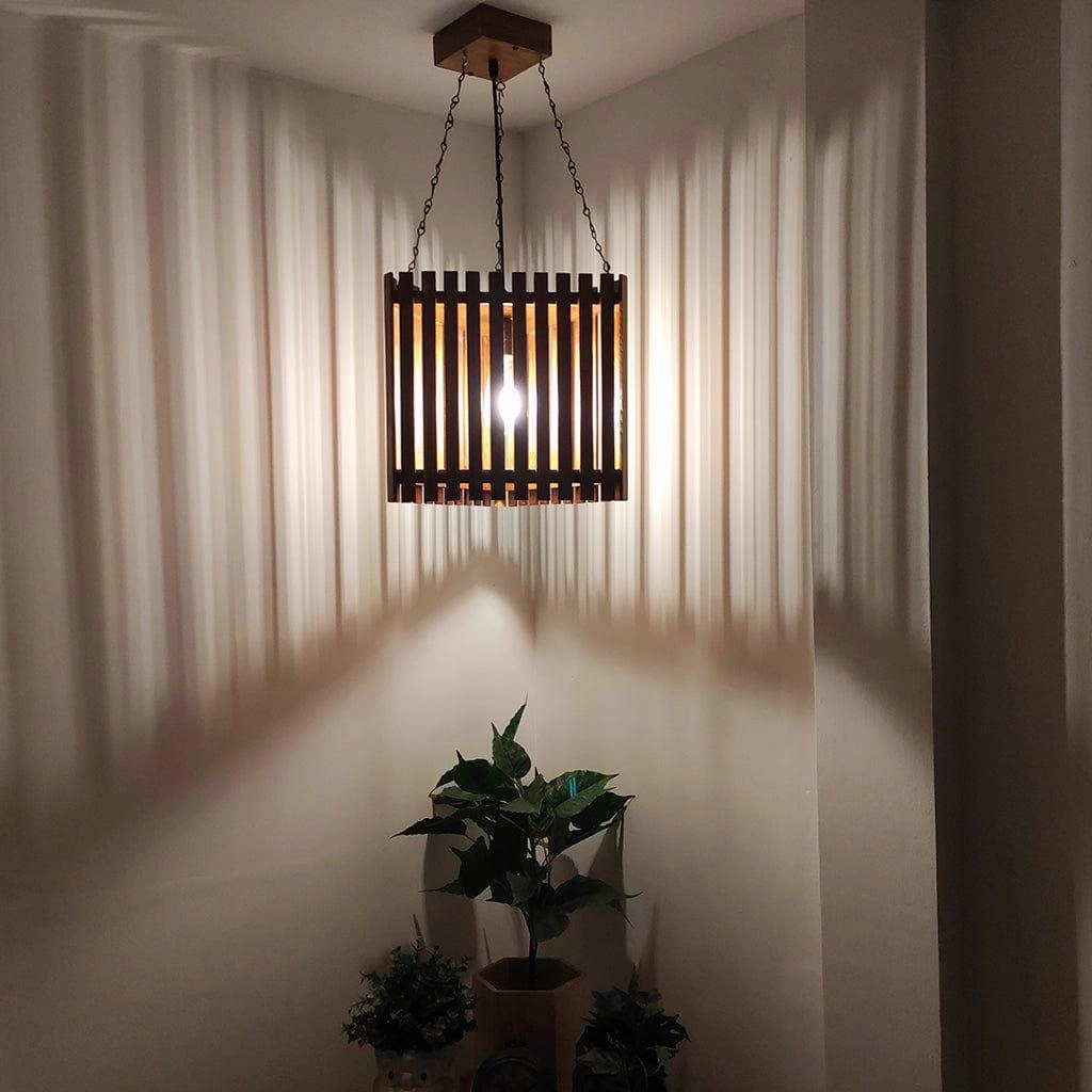 Trikona Brown Wooden Single Hanging Lamp