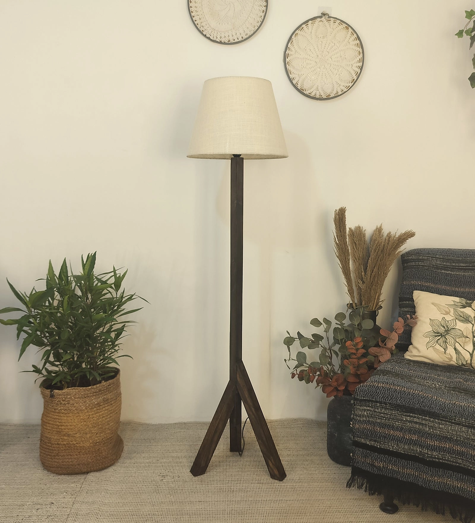 Trinca Wooden Floor Lamp with Brown Base and Jute Fabric Lampshade (BULB NOT INCLUDED) garden LED light