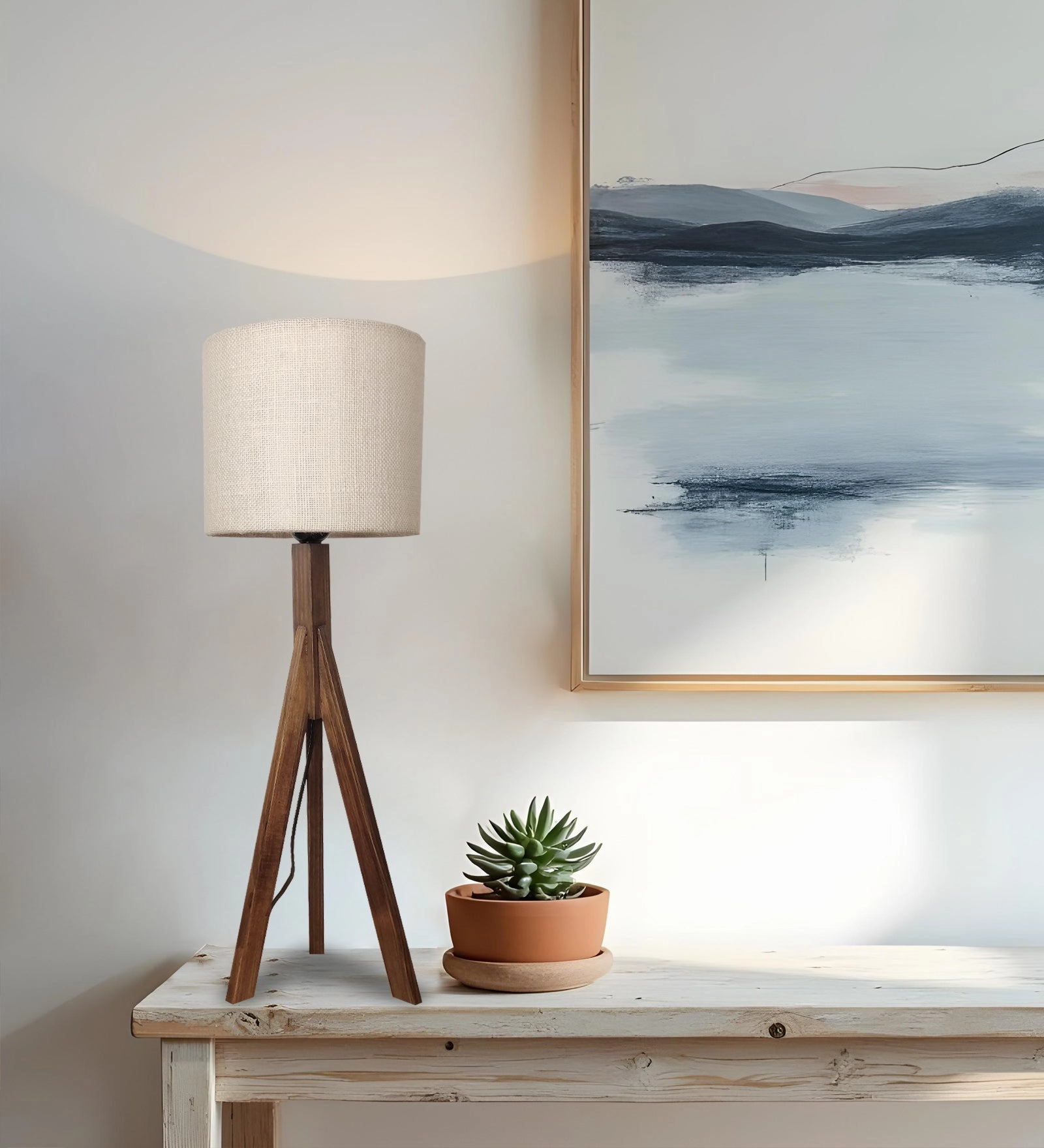 Triune Brown Wooden Table Lamp with White Printed Lampshade (BULB NOT INCLUDED)