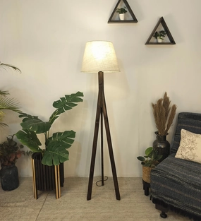 Triune Wooden Floor Lamp with Brown Base and Beige Fabric Lampshade (BULB NOT INCLUDED) garden LED light