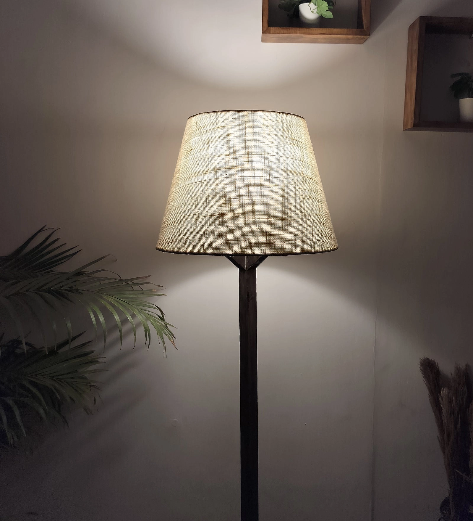 Troika Wooden Floor Lamp with Brown Base and Premium Beige Fabric Lampshade (BULB NOT INCLUDED)