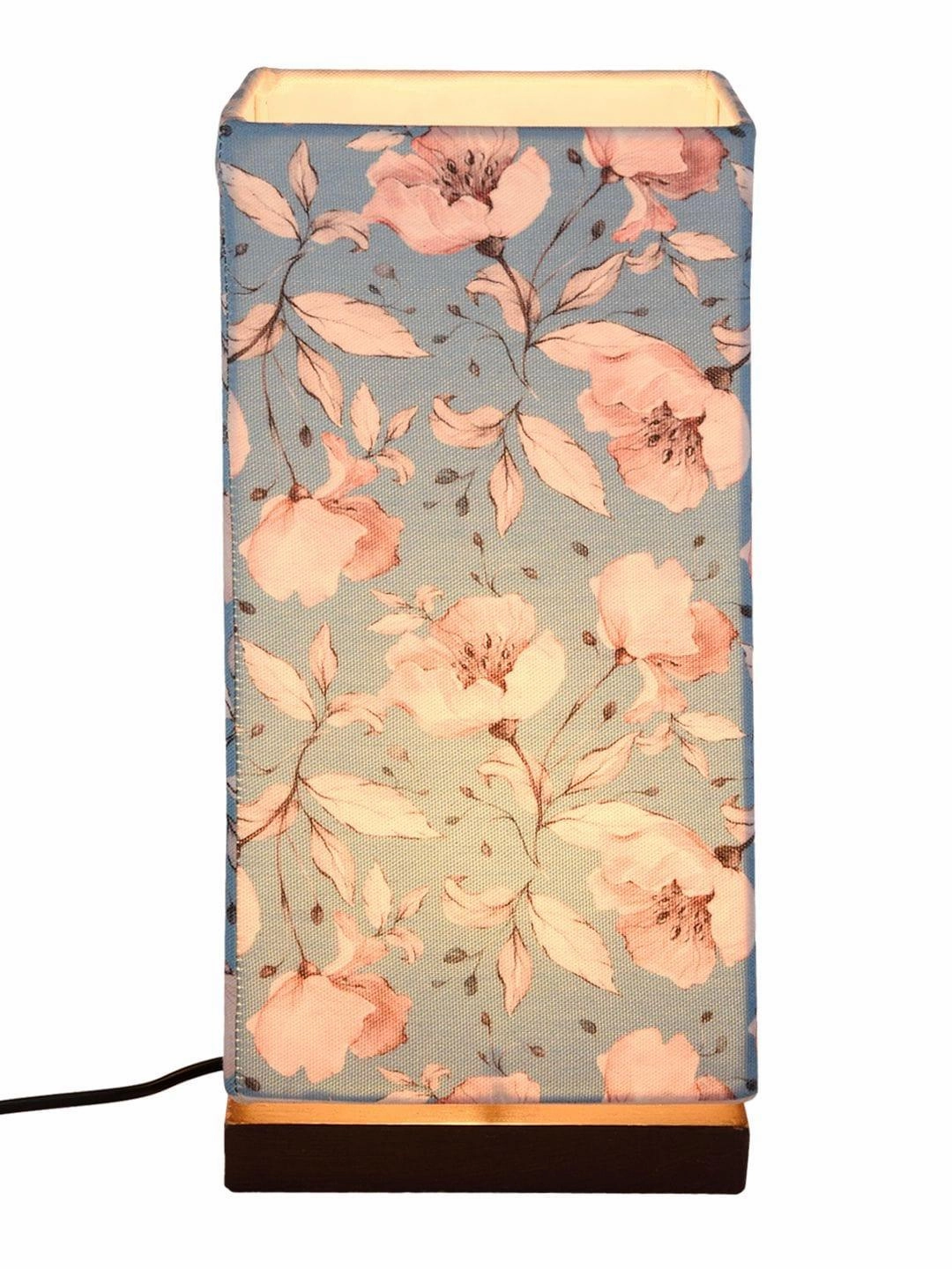 Turquoise Floral Lamp with Wooden Base