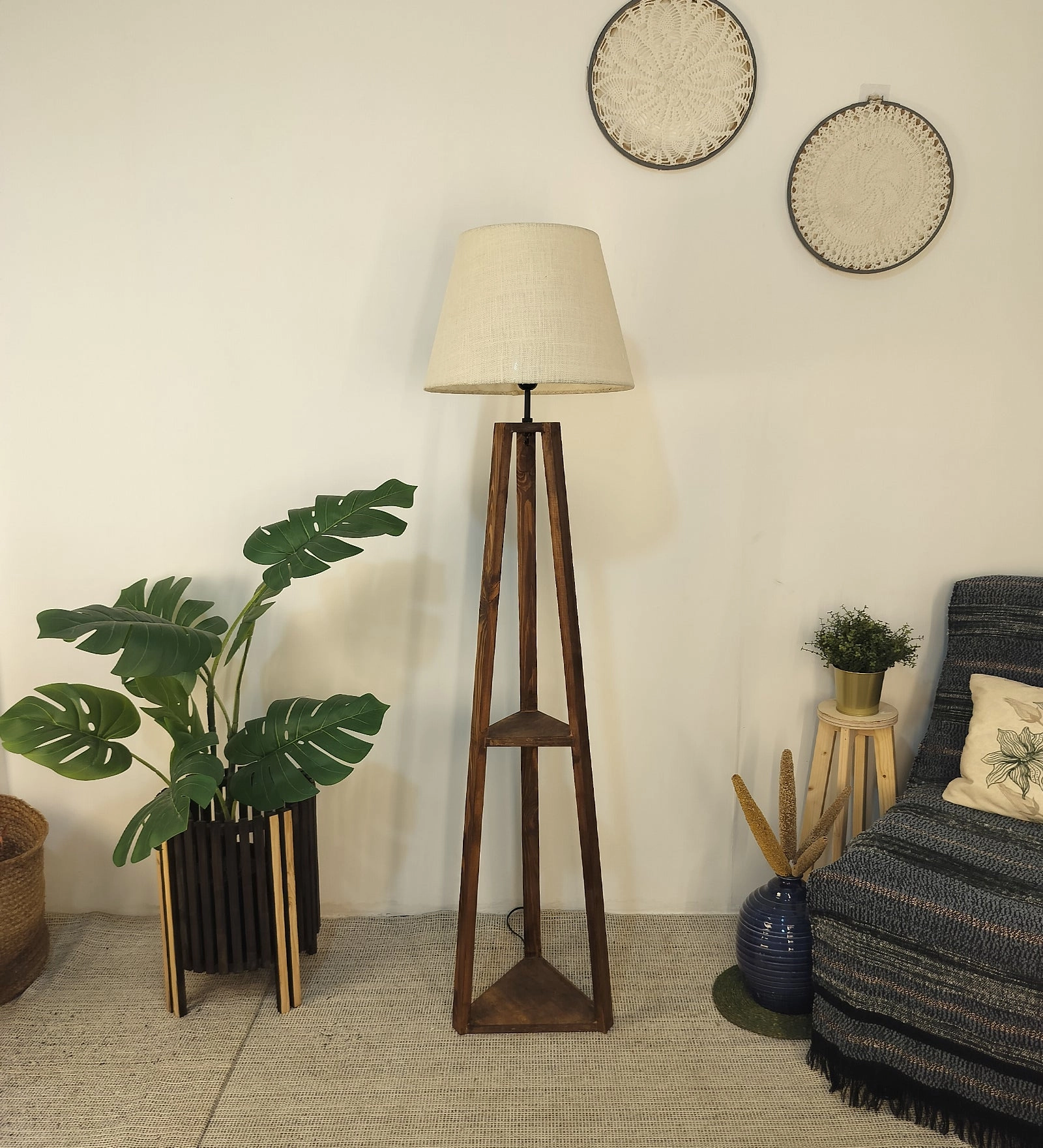 Vantage Wooden Floor Lamp with Brown Base and Jute Fabric Lampshade (BULB NOT INCLUDED)