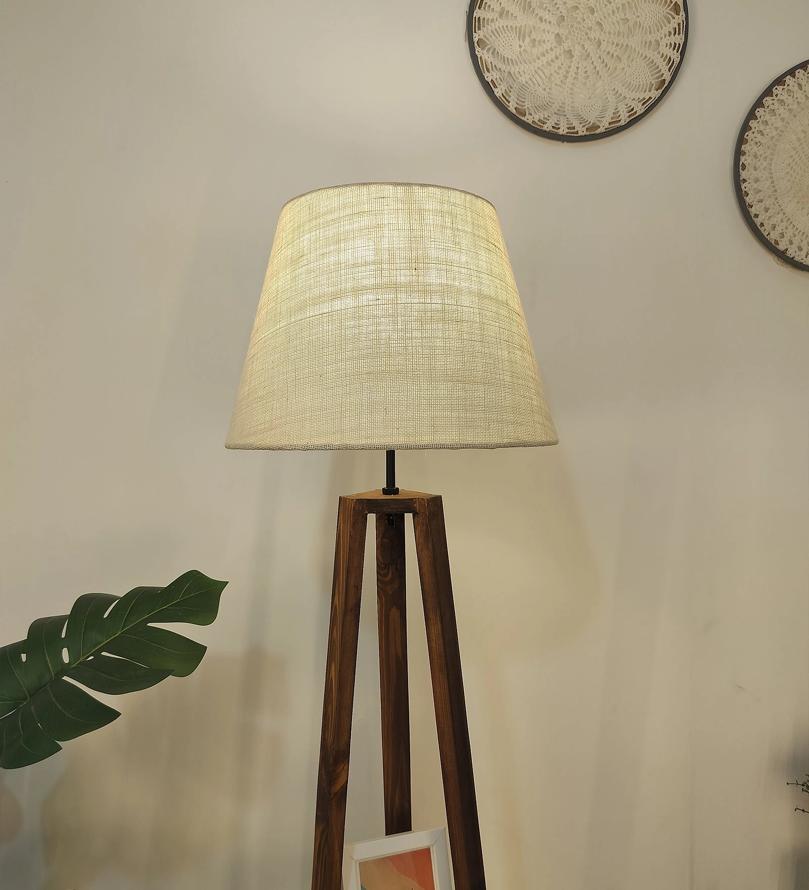 Vantage Wooden Floor Lamp with Brown Base and Jute Fabric Lampshade (BULB NOT INCLUDED)