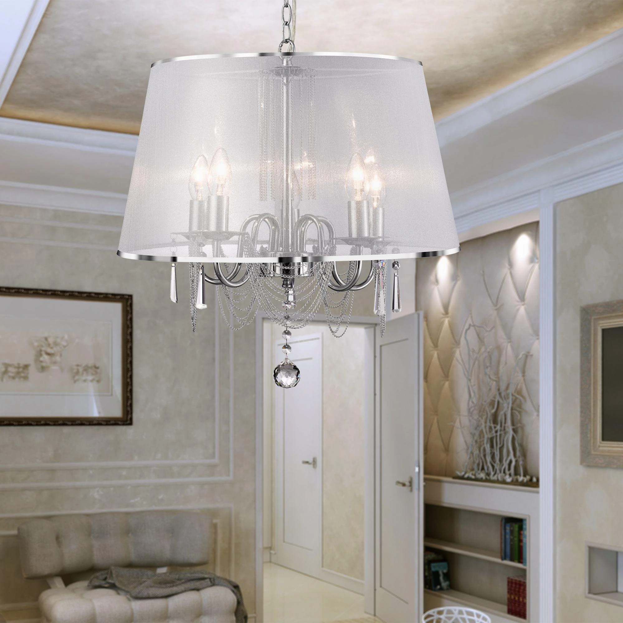 Venetian - 5 Light Chrome Pendant - White Voile Shade
