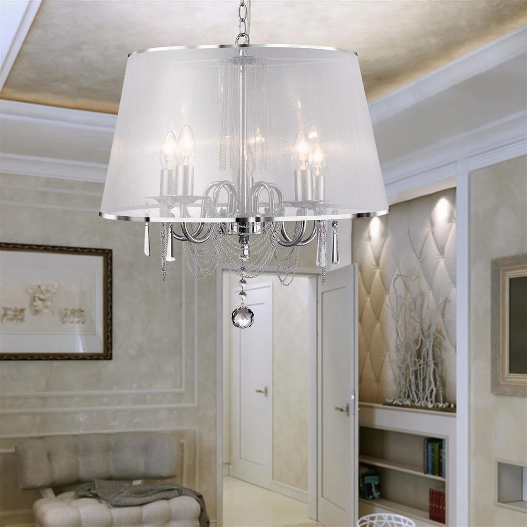 Venetian - 5 Light Chrome Pendant - White Voile Shade