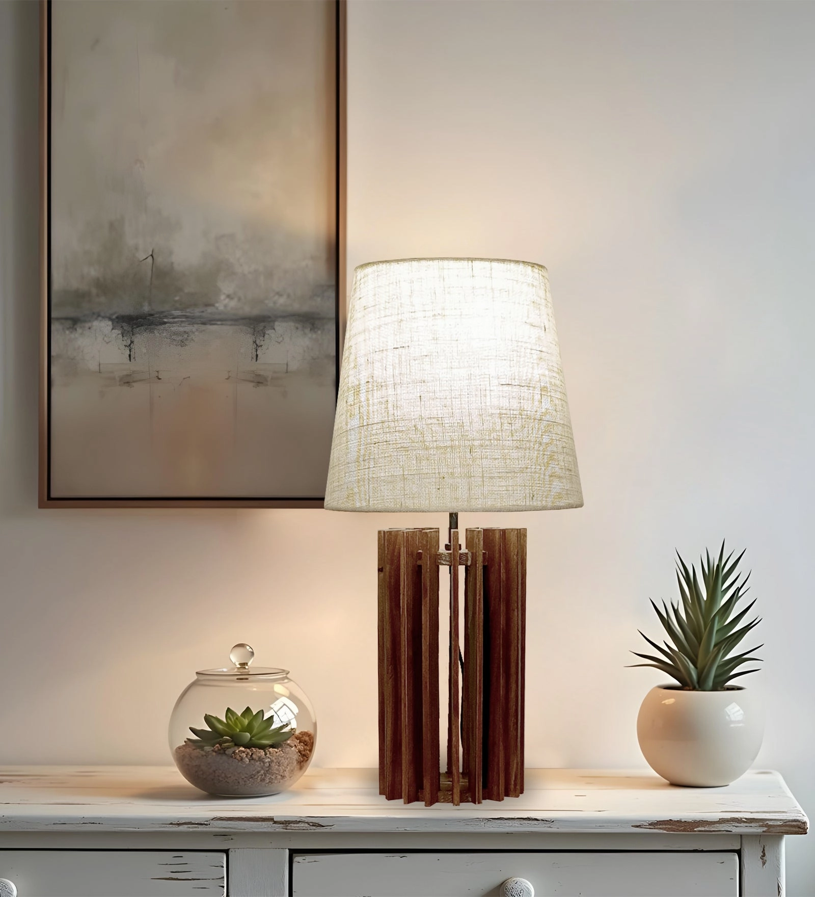 Ventus Brown Wooden Table Lamp with Yellow Printed Fabric Lampshade (BULB NOT INCLUDED)