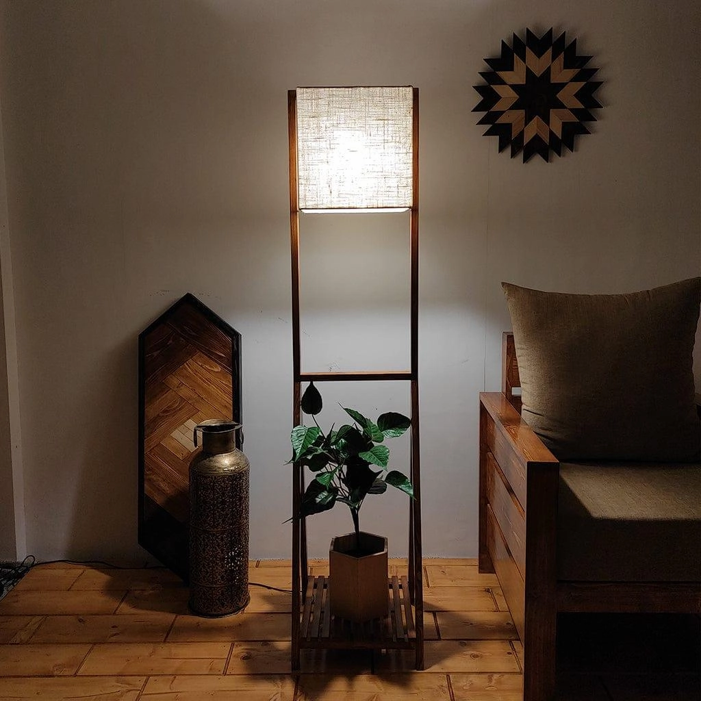 Victoria Wooden Floor Lamp with Brown Base and Jute Fabric Lampshade (BULB NOT INCLUDED)