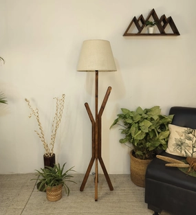 Vrikshya Wooden Floor Lamp with Brown Base and Premium Beige Fabric Lampshade (BULB NOT INCLUDED) garden LED light