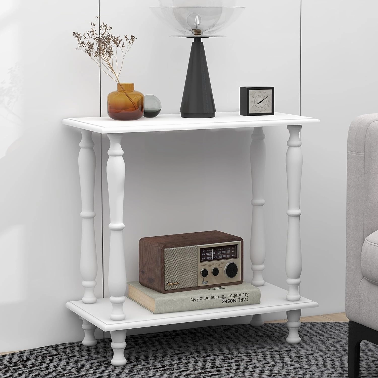 White 2-Tier Wooden Side Table C Vintage French Style for Living Room & Bedroom, Perfect for Small Spaces