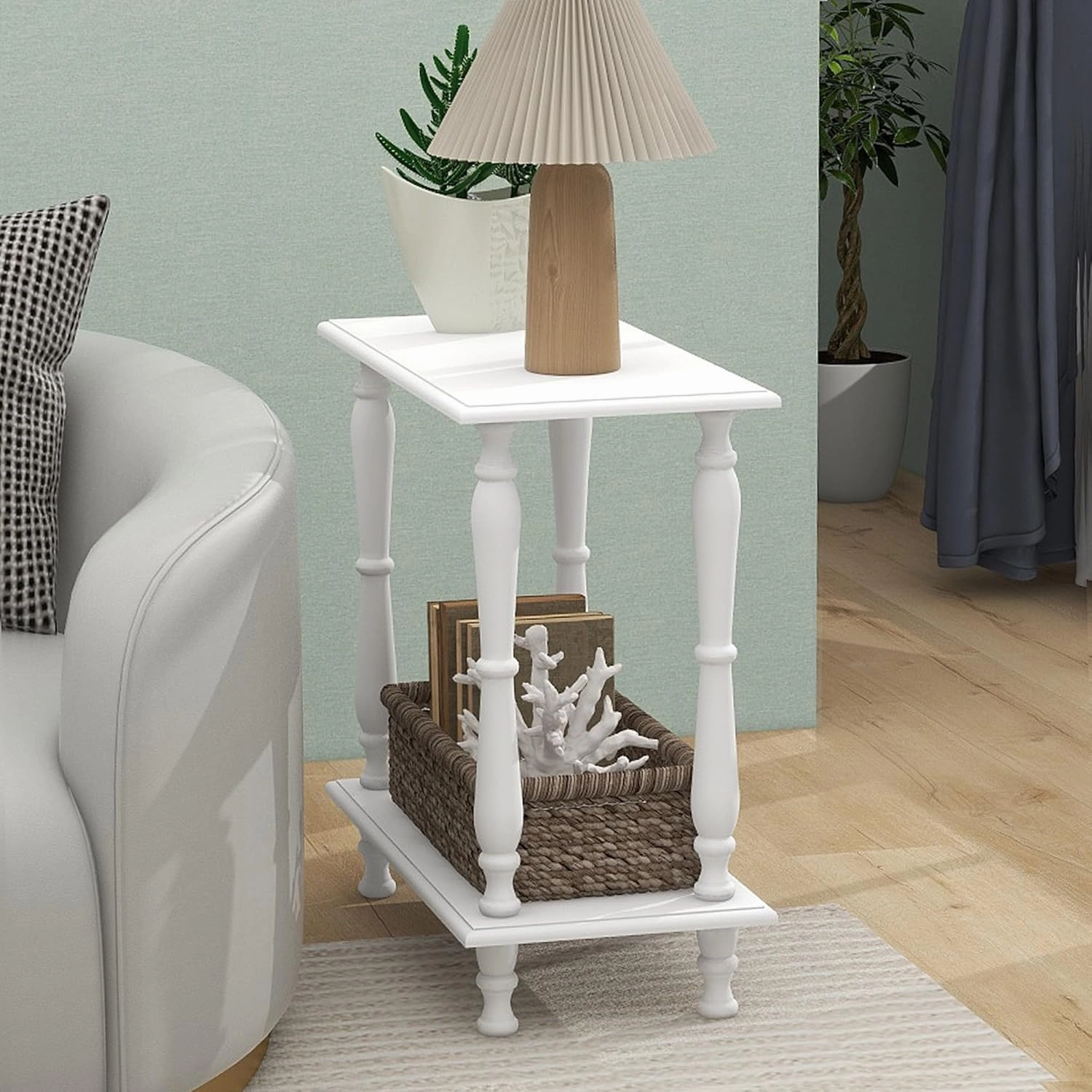 White 2-Tier Wooden Side Table C Vintage French Style for Living Room & Bedroom, Perfect for Small Spaces
