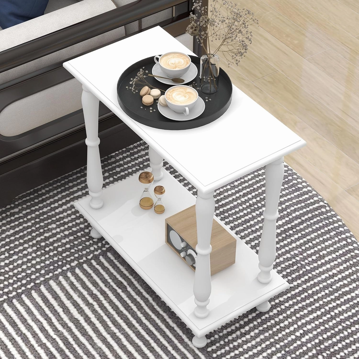 White 2-Tier Wooden Side Table C Vintage French Style for Living Room & Bedroom, Perfect for Small Spaces