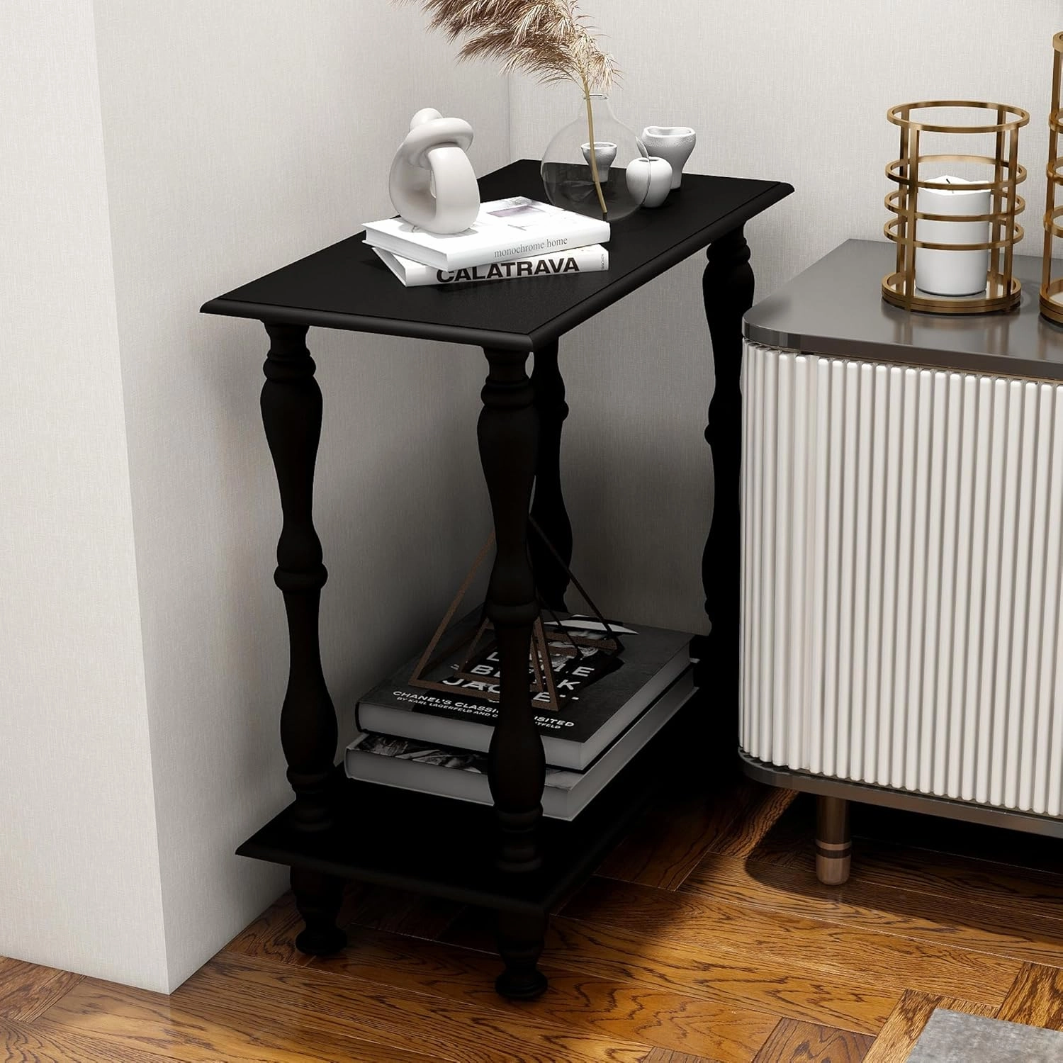 White 2-Tier Wooden Side Table C Vintage French Style for Living Room & Bedroom, Perfect for Small Spaces