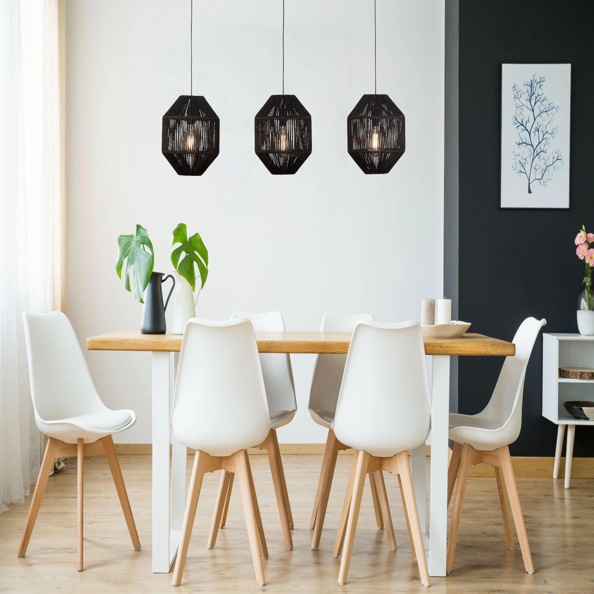 Wicker 3 Light Bar Black Rope Effect Ceiling Pendant
