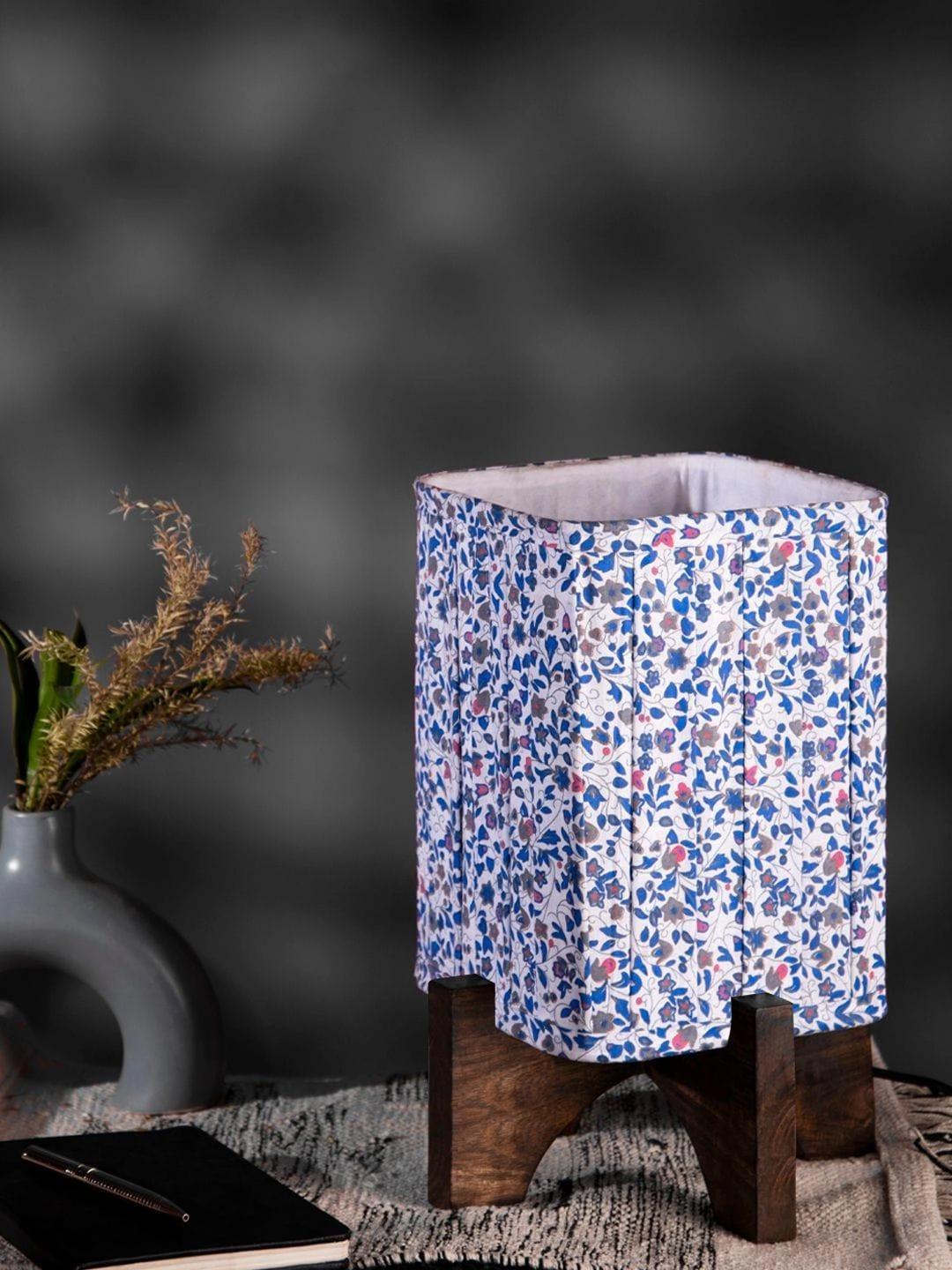 Wooden Brown Base Lamp with pleeted Blue Tinyleaves Soft Shade