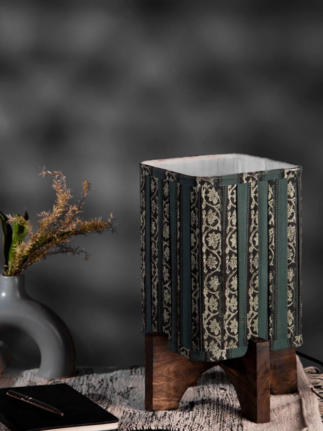Wooden Brown Base Lamp with pleeted Green Blockprint Soft Shade