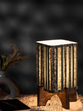 Wooden Brown Base Lamp with pleeted Green Blockprint Soft Shade Louis Poulsen chandelier