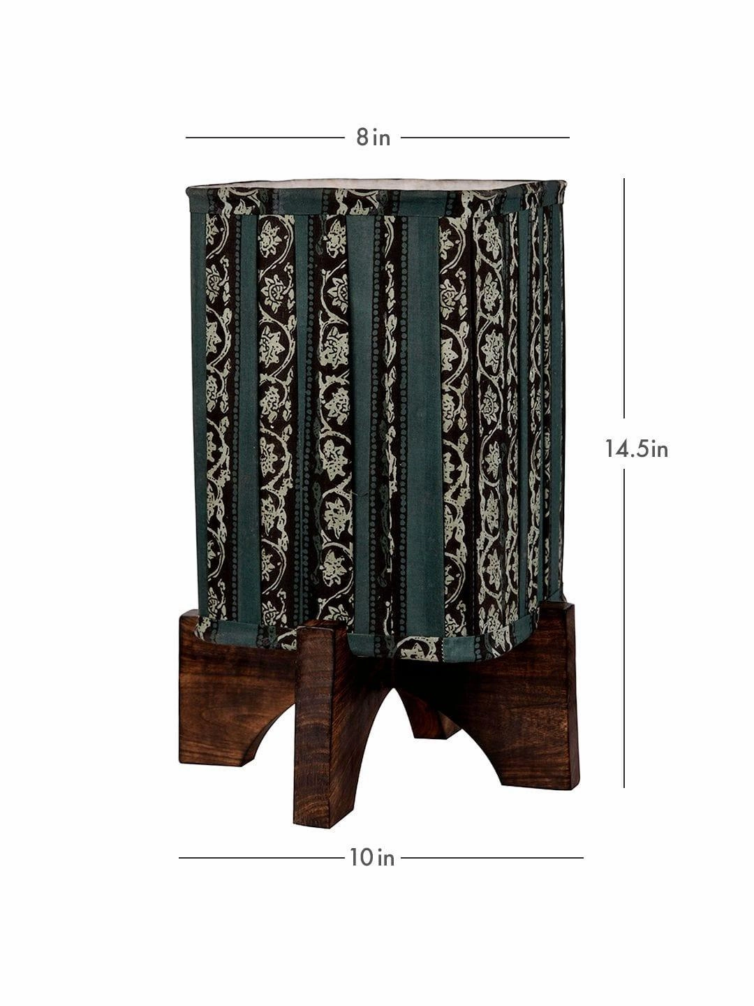 Wooden Brown Base Lamp with pleeted Green Blockprint Soft Shade