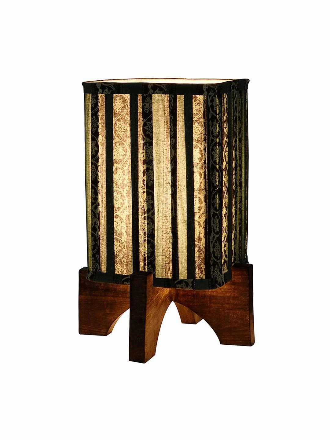 Wooden Brown Base Lamp with pleeted Green Blockprint Soft Shade