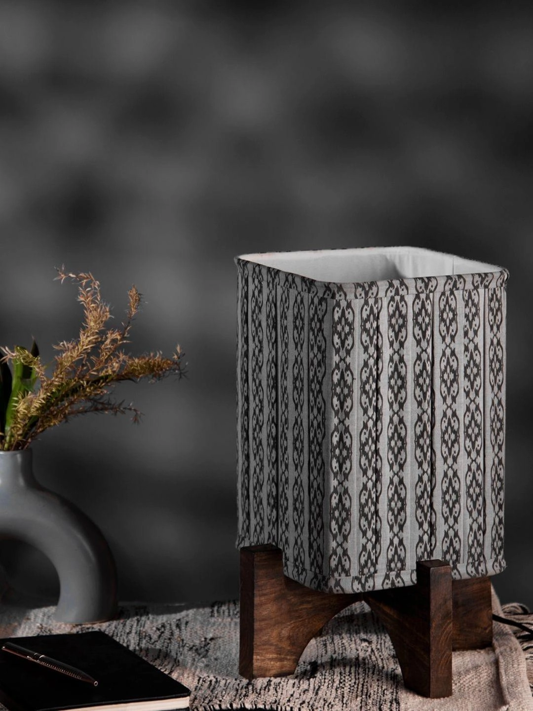 Wooden Brown Base Lamp with pleeted Grey Chainprint Soft Shade