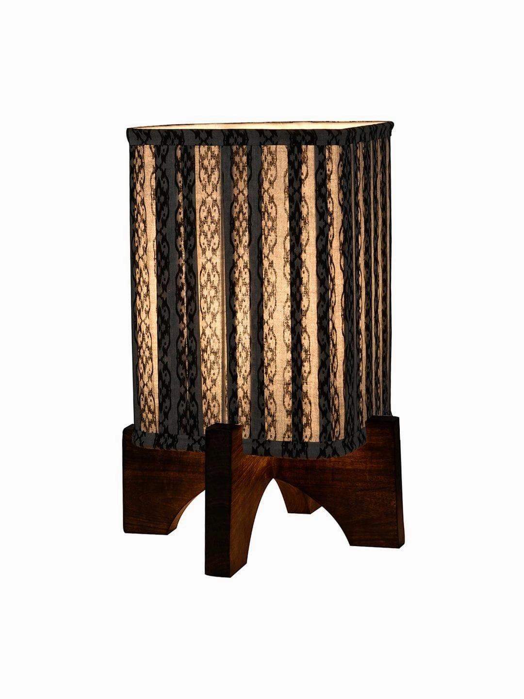 Wooden Brown Base Lamp with pleeted Grey Chainprint Soft Shade