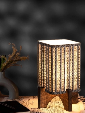 Wooden Brown Base Lamp with pleeted Grey Chainprint Soft Shade Louis Poulsen chandelier