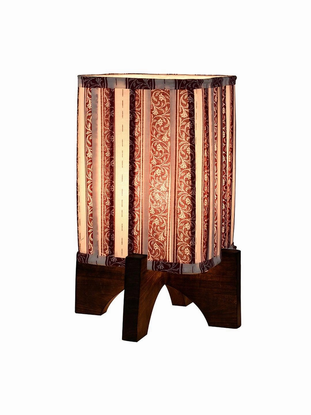 Wooden Brown Base Lamp with pleeted Red Leafyprint Soft Shade