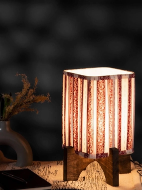 Wooden Brown Base Lamp with pleeted Red Leafyprint Soft Shade Louis Poulsen chandelier
