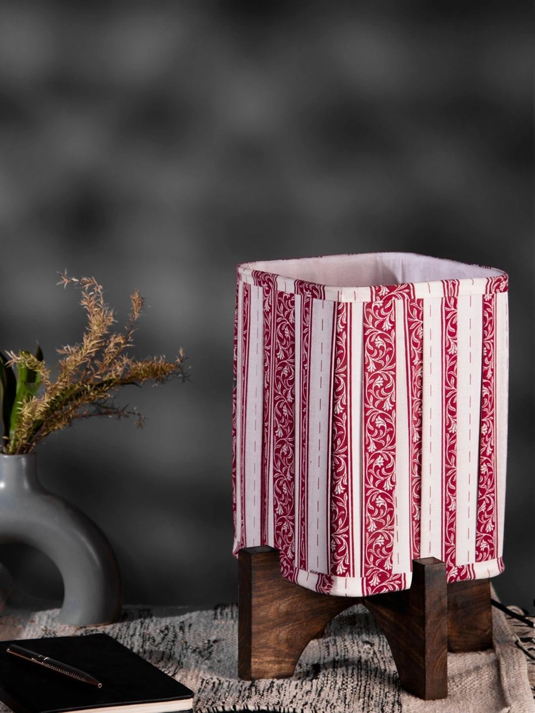 Wooden Brown Base Lamp with pleeted Red Leafyprint Soft Shade