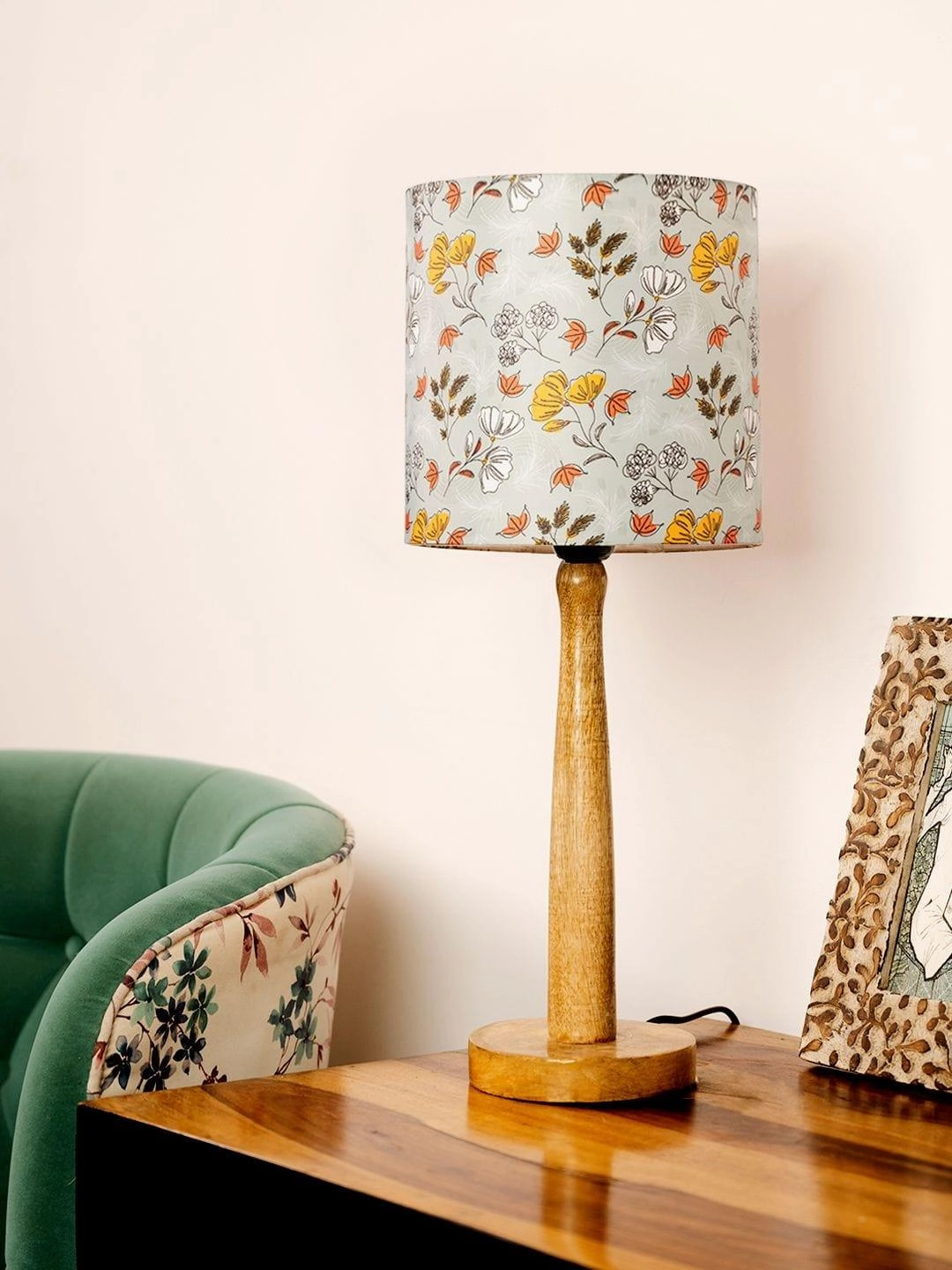 Wooden Brown Lamp with Blue Gardenia Shade