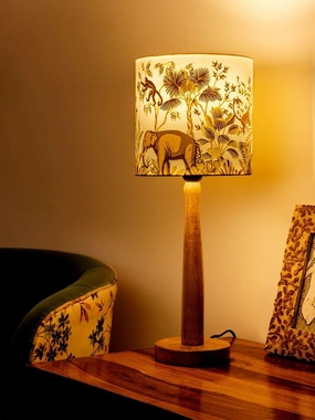 Wooden Brown Lamp with Jungle Print Shade Louis Poulsen chandelier